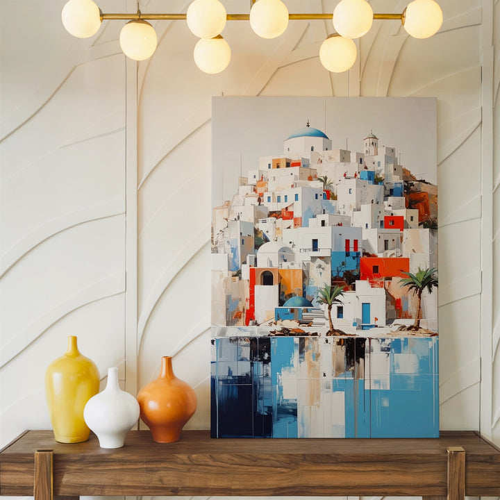 Mediterranean Hilltop Village Canvas – Stylized Architecture with Blue & Orange Accents - Gifitto