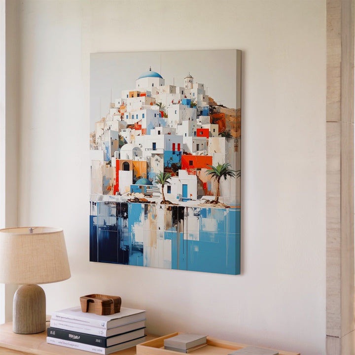 Mediterranean Hilltop Village Canvas – Stylized Architecture with Blue & Orange Accents - Gifitto