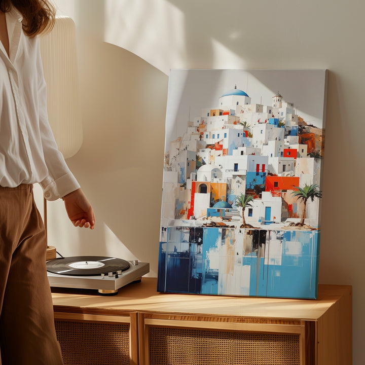 Mediterranean Hilltop Village Canvas – Stylized Architecture with Blue & Orange Accents - Gifitto