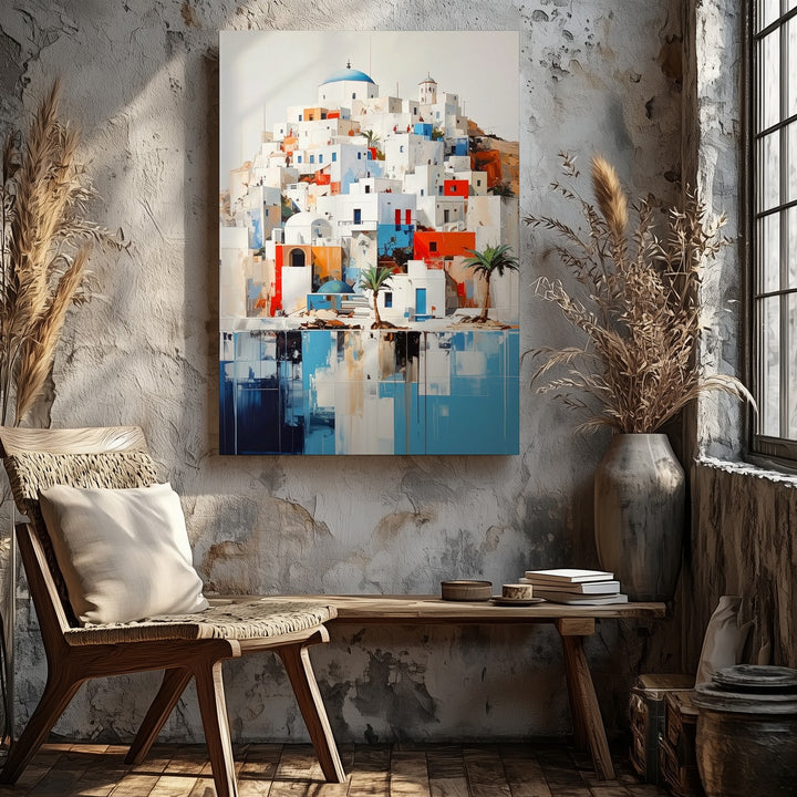 Mediterranean Hilltop Village Canvas – Stylized Architecture with Blue & Orange Accents - Gifitto