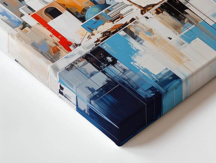 Mediterranean Hilltop Village Canvas – Stylized Architecture with Blue & Orange Accents - Gifitto