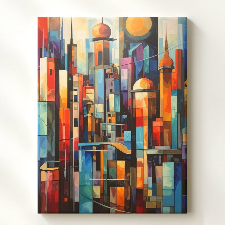 Futuristic Cityscape Canvas – Vibrant Stained Glass-Inspired Urban Art - Gifitto