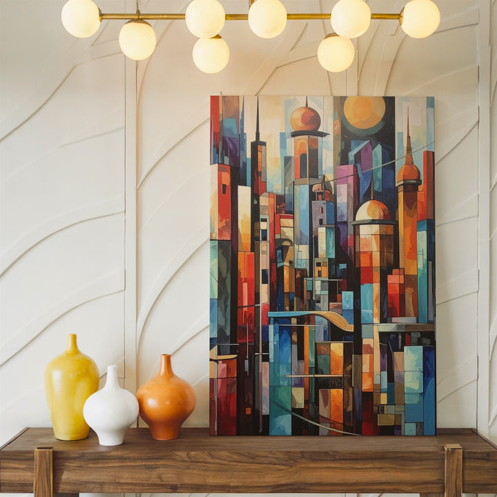 Futuristic Cityscape Canvas – Vibrant Stained Glass-Inspired Urban Art - Gifitto