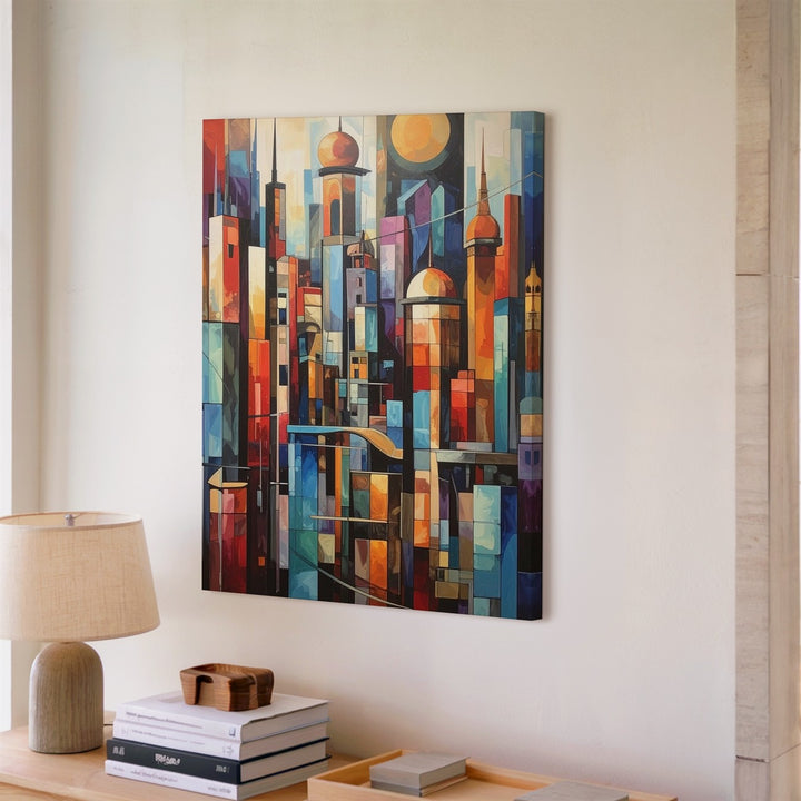 Futuristic Cityscape Canvas – Vibrant Stained Glass-Inspired Urban Art - Gifitto