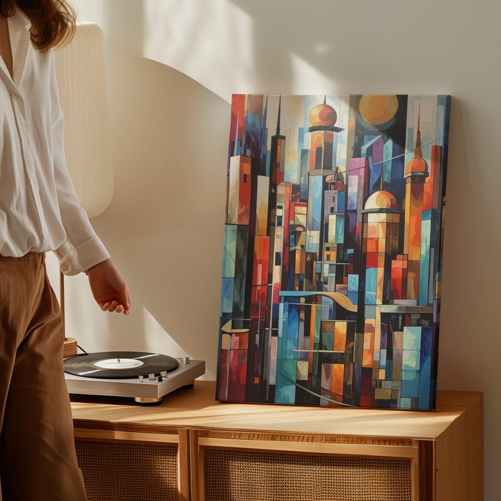 Futuristic Cityscape Canvas – Vibrant Stained Glass-Inspired Urban Art - Gifitto