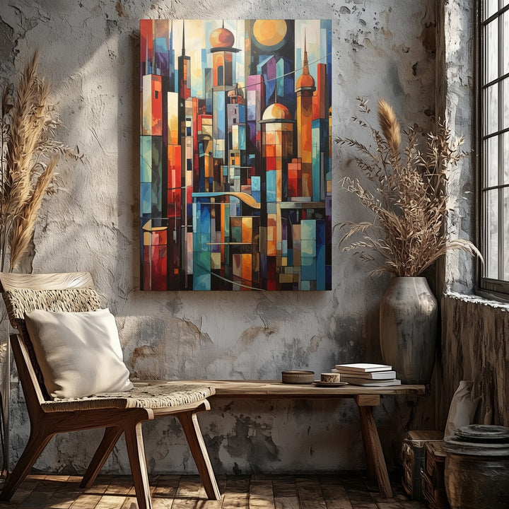 Futuristic Cityscape Canvas – Vibrant Stained Glass-Inspired Urban Art - Gifitto