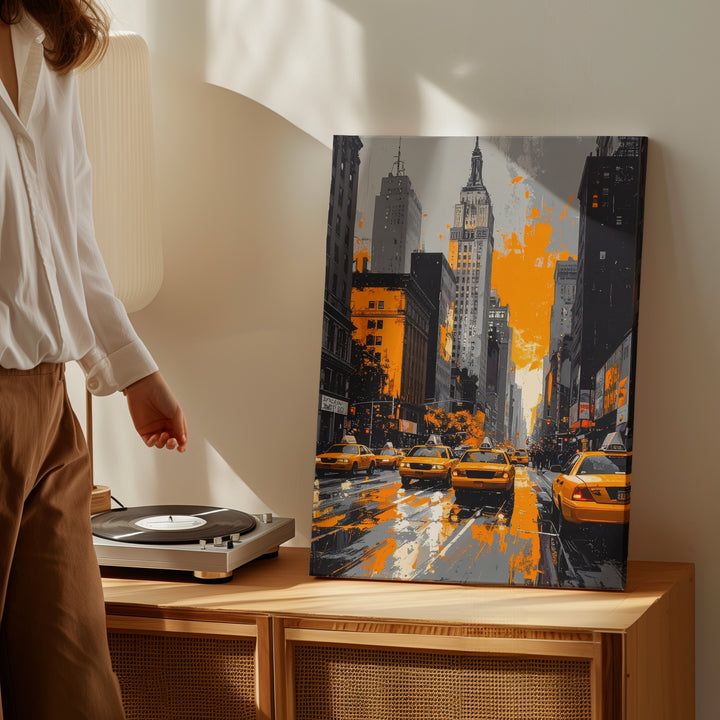 Edgy Urban Street Canvas – Grayscale NYC with Orange Accents - Gifitto
