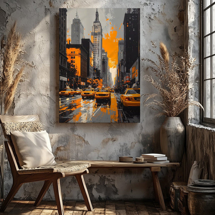 Edgy Urban Street Canvas – Grayscale NYC with Orange Accents - Gifitto