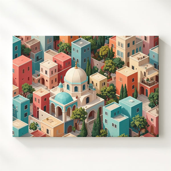 Pastel Maze Town Canvas – Mediterranean Village Aerial Wall Art - Gifitto