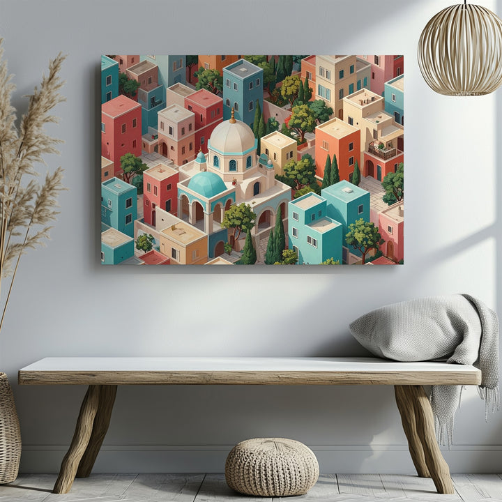 Pastel Maze Town Canvas – Mediterranean Village Aerial Wall Art - Gifitto