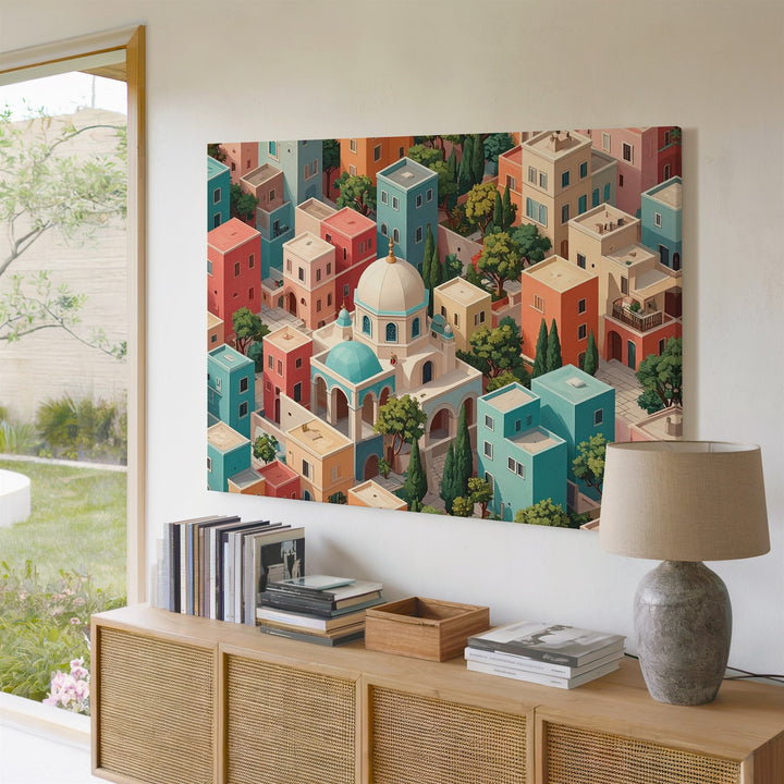 Pastel Maze Town Canvas – Mediterranean Village Aerial Wall Art - Gifitto