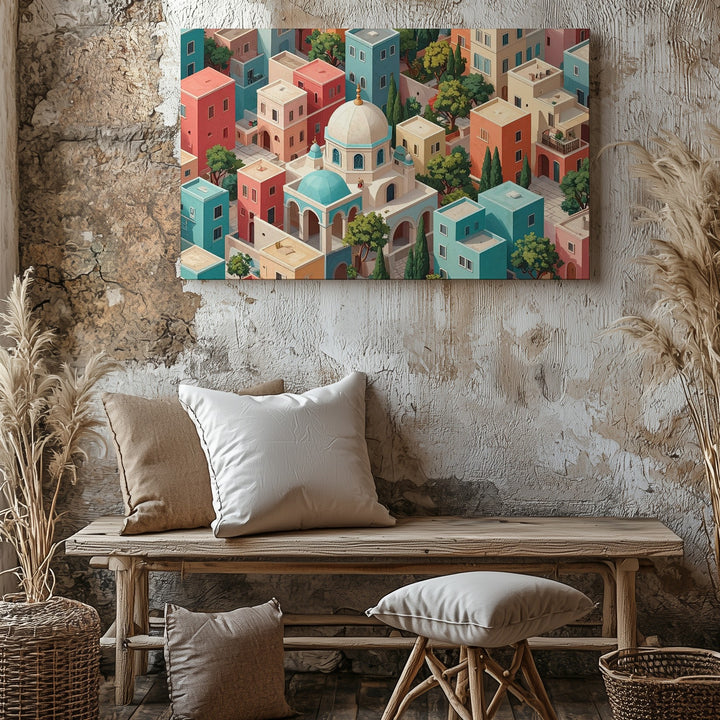 Pastel Maze Town Canvas – Mediterranean Village Aerial Wall Art - Gifitto
