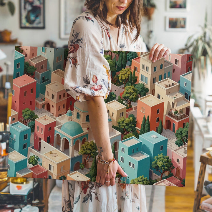 Pastel Maze Town Canvas – Mediterranean Village Aerial Wall Art - Gifitto