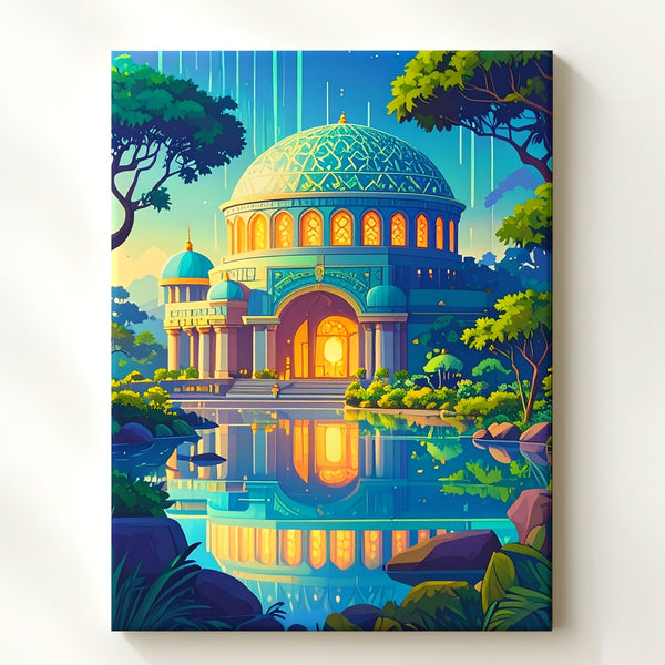 Mystical Temple Canvas – Glowing Turquoise Palace Surrounded by Jungle - Gifitto
