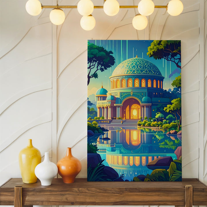 Mystical Temple Canvas – Glowing Turquoise Palace Surrounded by Jungle - Gifitto