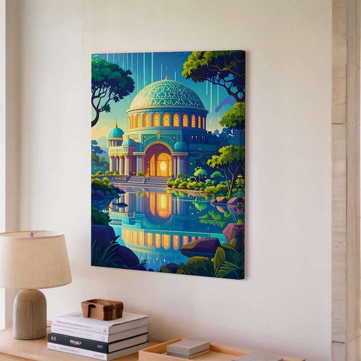 Mystical Temple Canvas – Glowing Turquoise Palace Surrounded by Jungle - Gifitto