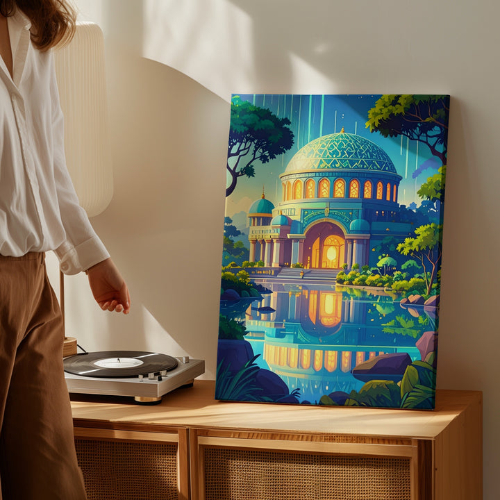 Mystical Temple Canvas – Glowing Turquoise Palace Surrounded by Jungle - Gifitto