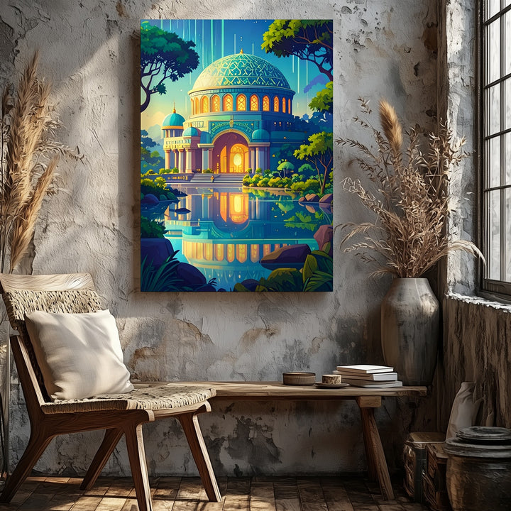 Mystical Temple Canvas – Glowing Turquoise Palace Surrounded by Jungle - Gifitto