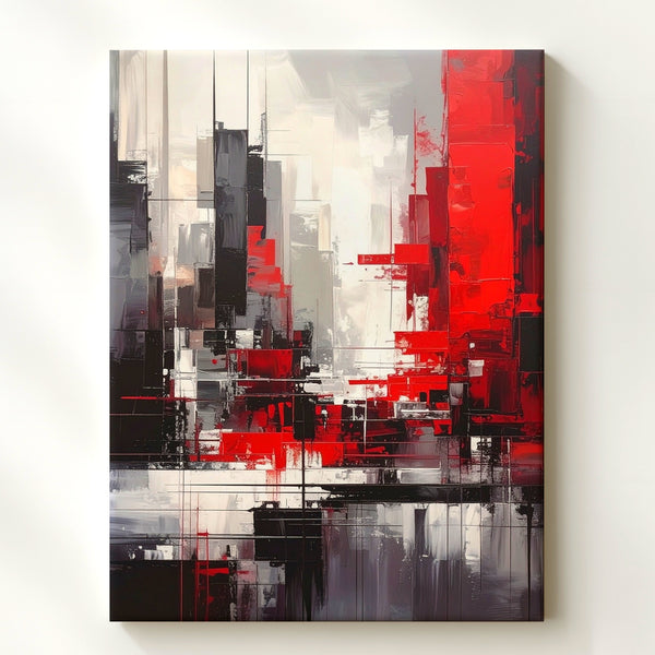 Abstract Cityscape Canvas – Dynamic Fragmented Skyline in Red & Black - Gifitto