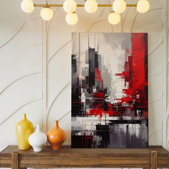 Abstract Cityscape Canvas – Dynamic Fragmented Skyline in Red & Black - Gifitto