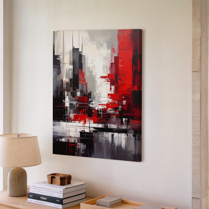 Abstract Cityscape Canvas – Dynamic Fragmented Skyline in Red & Black - Gifitto