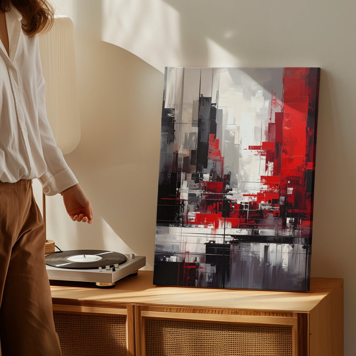 Abstract Cityscape Canvas – Dynamic Fragmented Skyline in Red & Black - Gifitto