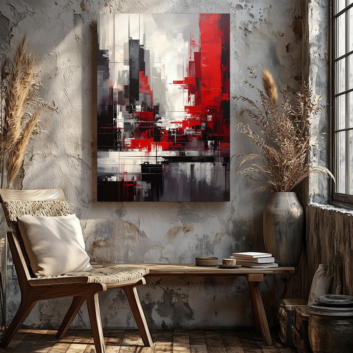 Abstract Cityscape Canvas – Dynamic Fragmented Skyline in Red & Black - Gifitto