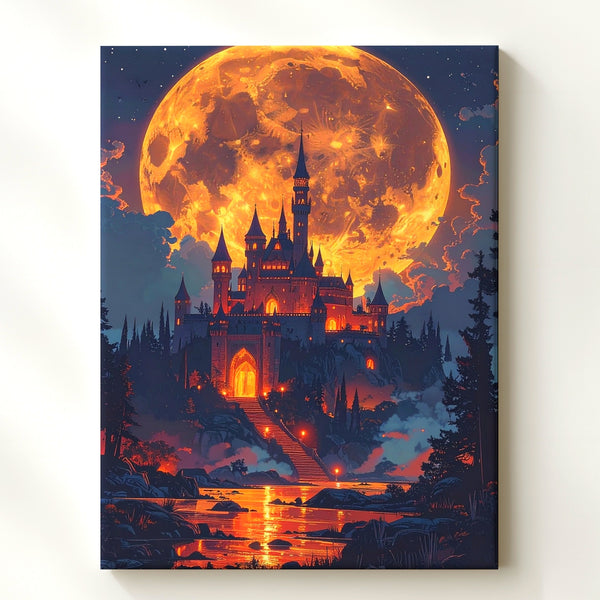 Fantasy Castle Canvas – Glowing Hilltop Castle Under Full Moon - Gifitto