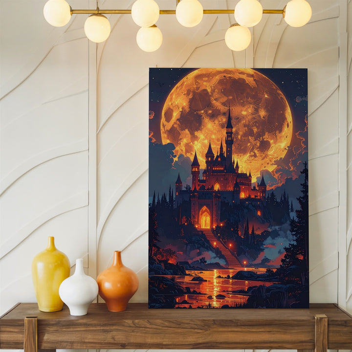 Fantasy Castle Canvas – Glowing Hilltop Castle Under Full Moon - Gifitto