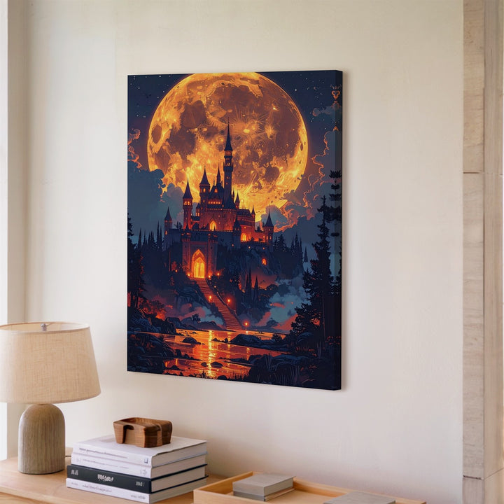 Fantasy Castle Canvas – Glowing Hilltop Castle Under Full Moon - Gifitto