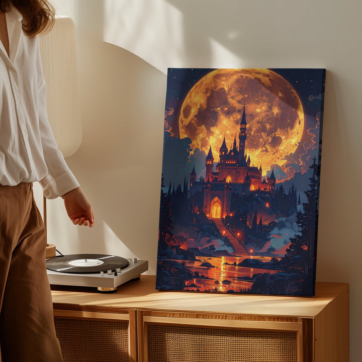 Fantasy Castle Canvas – Glowing Hilltop Castle Under Full Moon - Gifitto