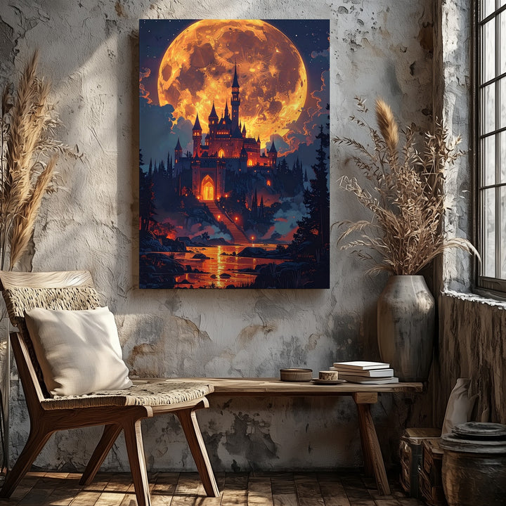 Fantasy Castle Canvas – Glowing Hilltop Castle Under Full Moon - Gifitto