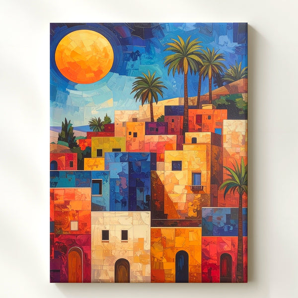 Mediterranean Village Canvas – Vibrant Painting of Sunlit Hillside Town - Gifitto