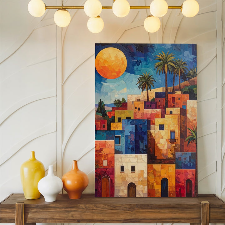 Mediterranean Village Canvas – Vibrant Painting of Sunlit Hillside Town - Gifitto
