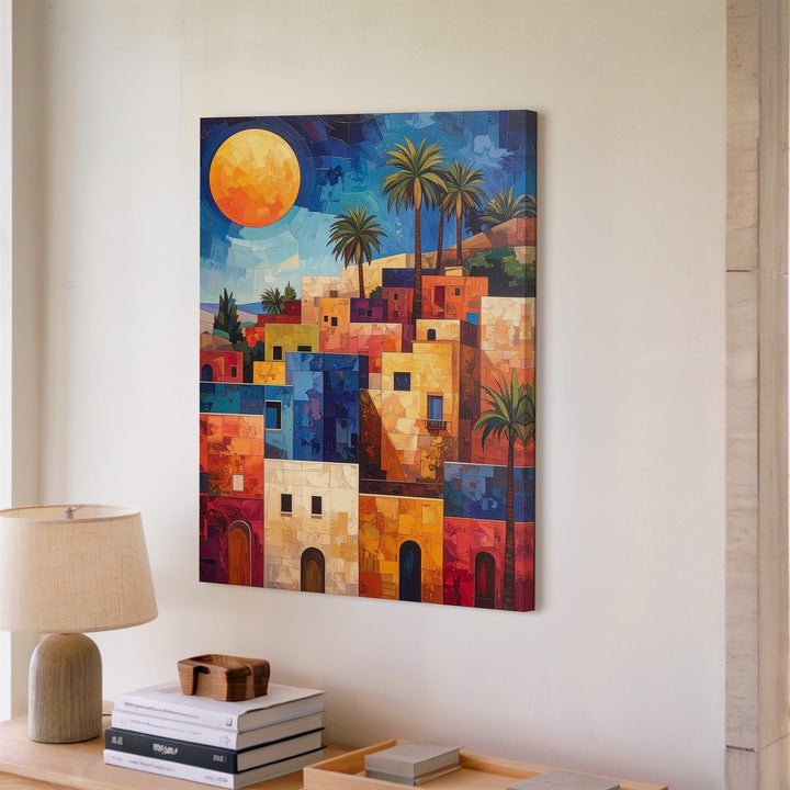Mediterranean Village Canvas – Vibrant Painting of Sunlit Hillside Town - Gifitto