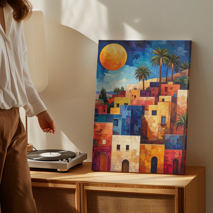 Mediterranean Village Canvas – Vibrant Painting of Sunlit Hillside Town - Gifitto