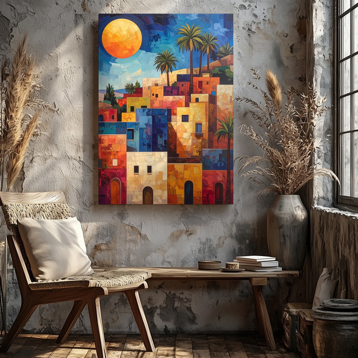 Mediterranean Village Canvas – Vibrant Painting of Sunlit Hillside Town - Gifitto