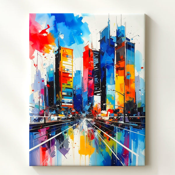 Abstract Cityscape Canvas – Watercolor High-Rise Buildings with Bold Colors - Gifitto