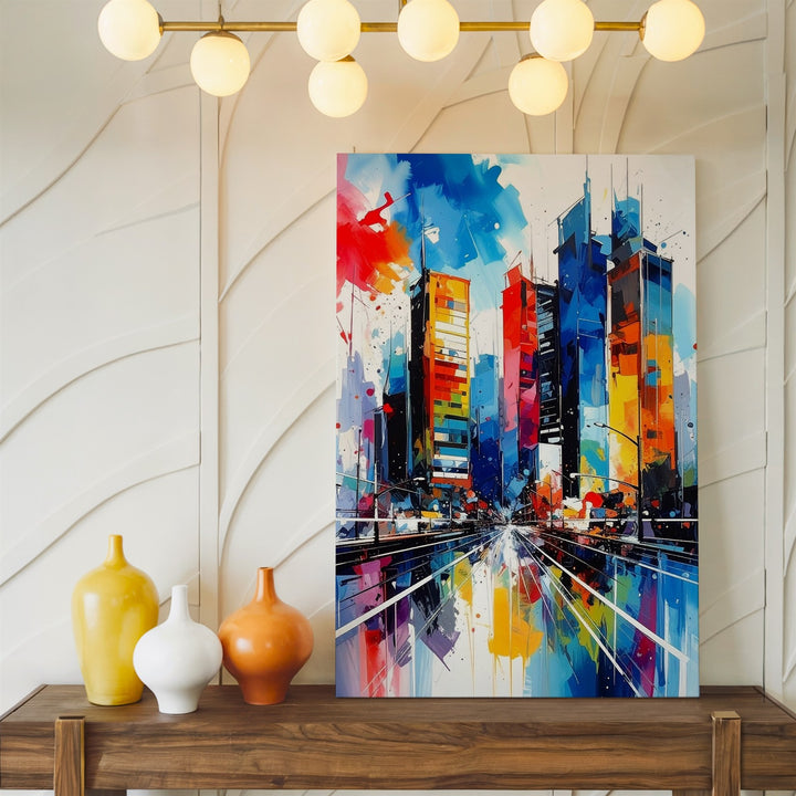 Abstract Cityscape Canvas – Watercolor High-Rise Buildings with Bold Colors - Gifitto