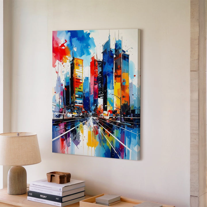 Abstract Cityscape Canvas – Watercolor High-Rise Buildings with Bold Colors - Gifitto