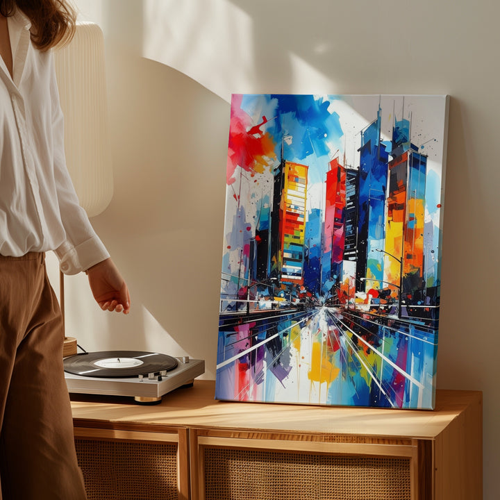 Abstract Cityscape Canvas – Watercolor High-Rise Buildings with Bold Colors - Gifitto