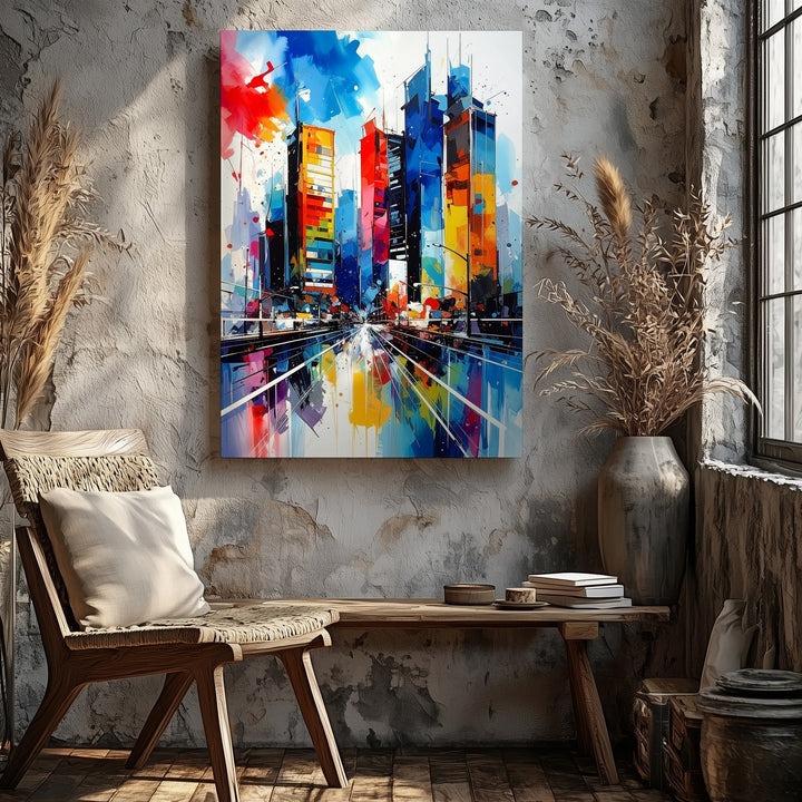 Abstract Cityscape Canvas – Watercolor High-Rise Buildings with Bold Colors - Gifitto
