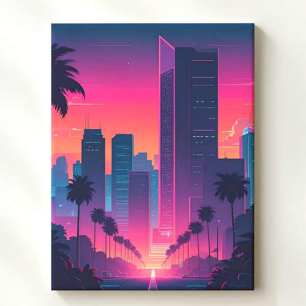 Retro-Futuristic Cityscape Canvas – Sunset Skyline with Palm Trees & Neon Glow - Gifitto