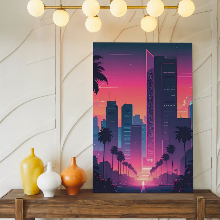 Retro-Futuristic Cityscape Canvas – Sunset Skyline with Palm Trees & Neon Glow - Gifitto