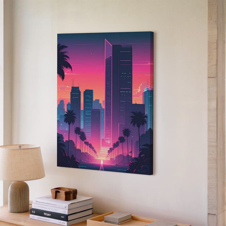 Retro-Futuristic Cityscape Canvas – Sunset Skyline with Palm Trees & Neon Glow - Gifitto