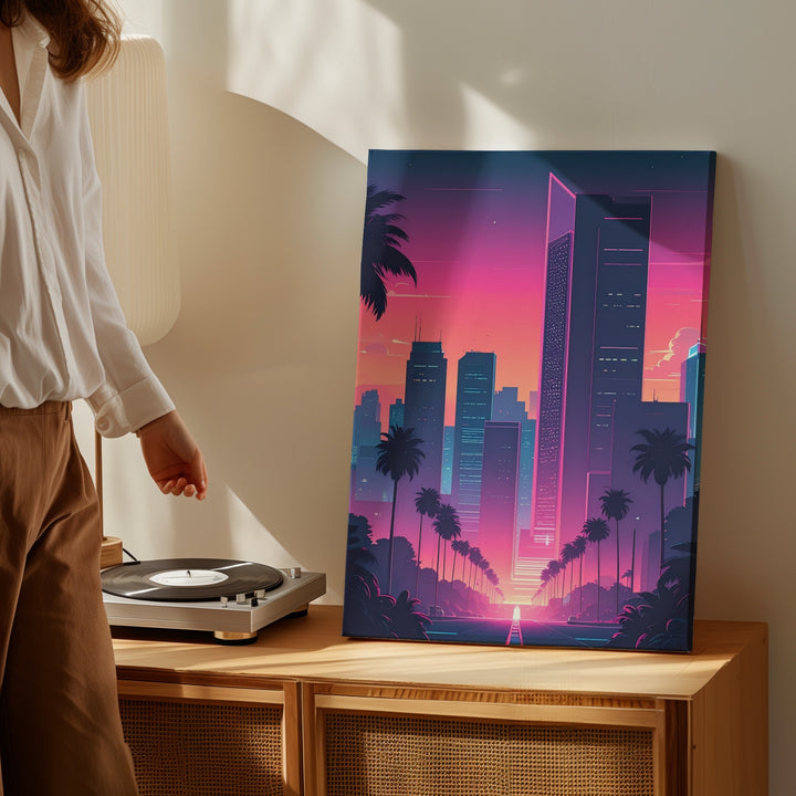 Retro-Futuristic Cityscape Canvas – Sunset Skyline with Palm Trees & Neon Glow - Gifitto