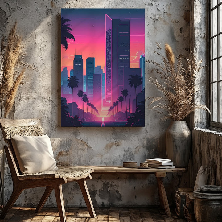 Retro-Futuristic Cityscape Canvas – Sunset Skyline with Palm Trees & Neon Glow - Gifitto
