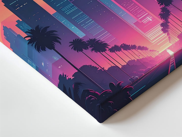 Retro-Futuristic Cityscape Canvas – Sunset Skyline with Palm Trees & Neon Glow - Gifitto