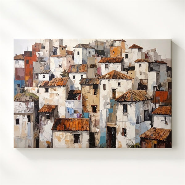 Whimsical Hilltop Village Canvas – Naïve Style Mediterranean Town Art - Gifitto