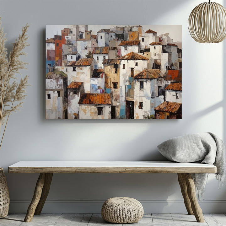 Whimsical Hilltop Village Canvas – Naïve Style Mediterranean Town Art - Gifitto